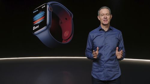 In this still image provided by Apple from the keynote video of a special event at Apple Park in Cupertino, California, Apple's Chief Operating Officer Jeff Williams unveils Apple Watch Series 6 on Tuesday, Sept. 15, 2020. 