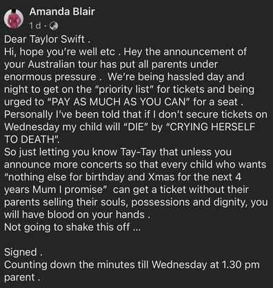 Facebook Taylor Swift mum plea