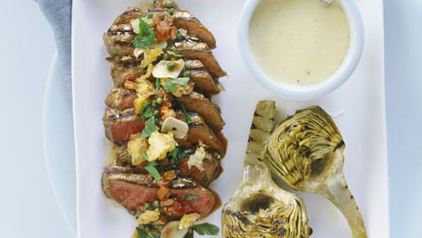 Sicilian-style steak with grilled artichokes and lemon mayonnaise