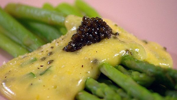 Caviar hollandaise and baby asparagus