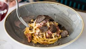 Otto's spaghetti, smoked ham hock, pecorino, truffles and egg yolk