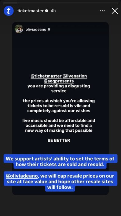 Ticketmaster responds to Olivia Dean's comments