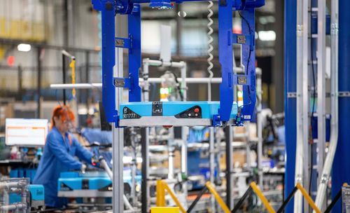 A robot on the manufacturing line at Amazon Robotics BOS27 on Thursday, November 10, 2022, in Westborough, Massachusetts.