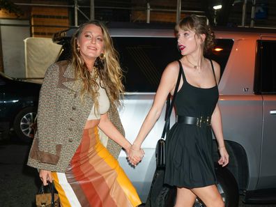 Blake Lively and Taylor Swift are seen on September 30, 2023 in New York City. (Photo by Gotham/GC Images)