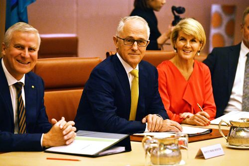 Prime Minister Malcolm Turnbull, Deputy Prime Minister McCormack and Foreign Minister Julie Bishop in Canberra yesterday. (AAP)