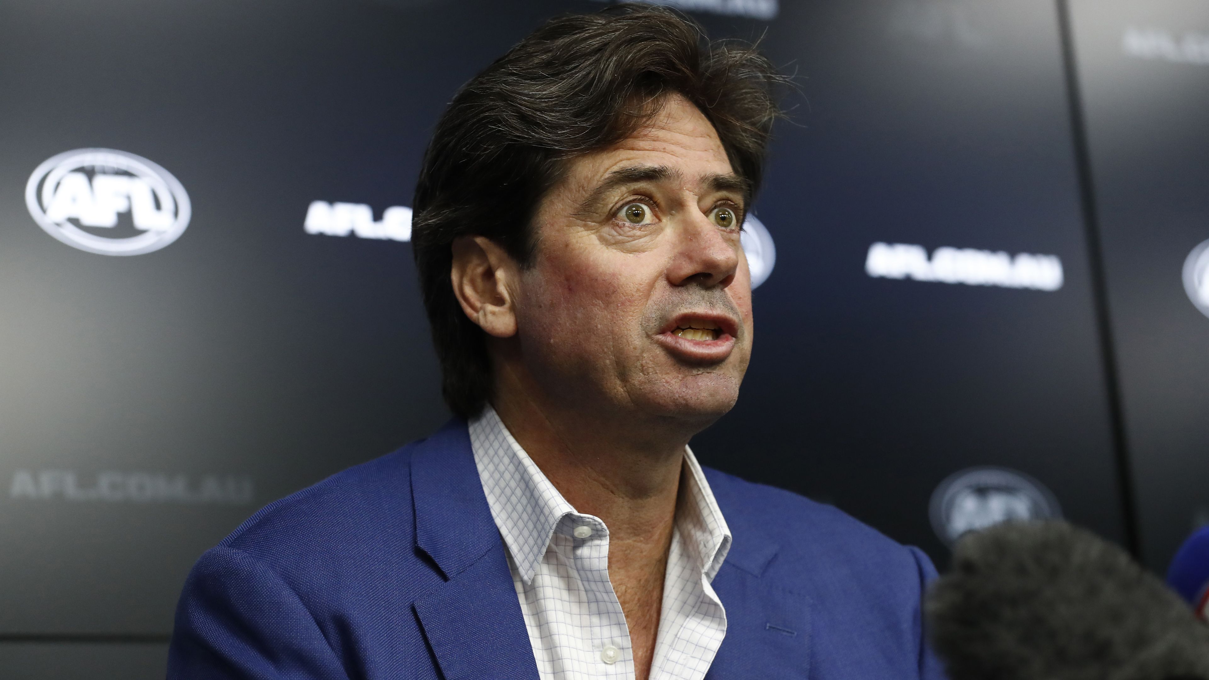 MELBOURNE, AUSTRALIA - MAY 30: AFL CEO Gillon McLachlan speaks to the media during a press conference at AFL House on May 30, 2023 in Melbourne, Australia. McLachlan spoke about the outcomes in relation to the Independent Panel Investigation into allegations of inappropriate conduct at the Hawthorn Hawks. (Photo by Darrian Traynor/Getty Images)