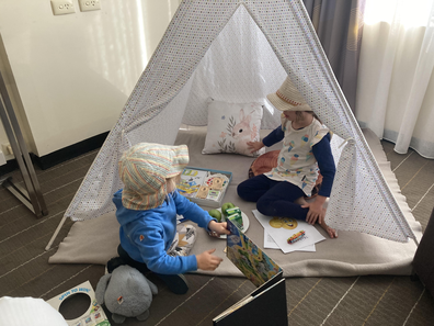 The kids explore their room at Novotel Sydney Central.