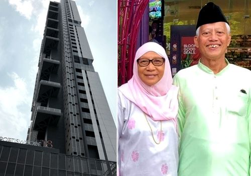 The 35-storey Spottiswoode 18 condominium; Nasiari Sunee, pictured with his wife, died after being hit in the head with a wine bottle allegedly thrown from the high-rise's 7th floor.