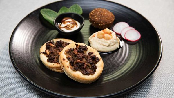 The Shahrouk's lahma bi agin, falafel, hummus bi tahini