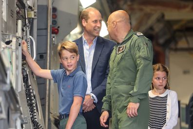 FAIRFORD, ENGLAND - JULY 14: Prince William, Prince of Wales with Prince George of Wales and Princess Charlotte of Wales during their visit to the Air Tattoo at RAF Fairford on July 14, 2023 in Fairford, England. The Prince and Princess of Wales have a strong relationship with the RAF, with the Prince having served with the Search and Rescue Force for over three years, based at RAF Valley in Anglesey. The Prince is Honorary Air Commodore of RAF Coningsby and The Princess is Honorary Air Commodor