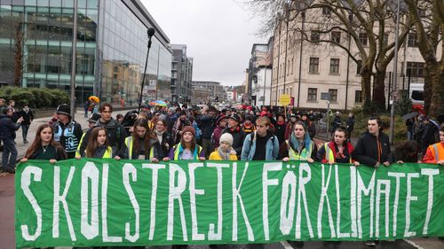 Greta Thunberg (centre) takes part in the Bristol Youth Strike 4 Climate protest at College Green in Bristol.