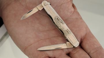 A platinum and diamond pocket knife with the name AL in diamonds that once belonged to mob boss Al Capone is seen on display at Witherell&#x27;s Auction House in Sacramento, Calif., Wednesday, Aug. 25, 2021. The knife is among the 174 family heirlooms that will be up for sale at an Oct. 8 auction titled &quot;A Century of Notoriety: The Estate of Al Capone,&quot; that will be held by Witherell&#x27;s in Sacramento. (AP Photo/Rich Pedroncelli)