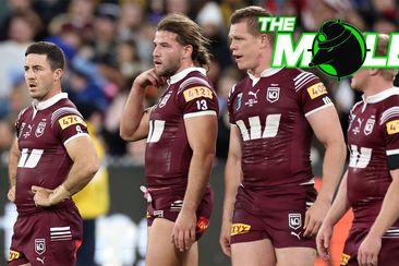 Queensland&#x27;s Ben Hunt, Patrick Carrigan and Lindsay Collins react after a NSW try.