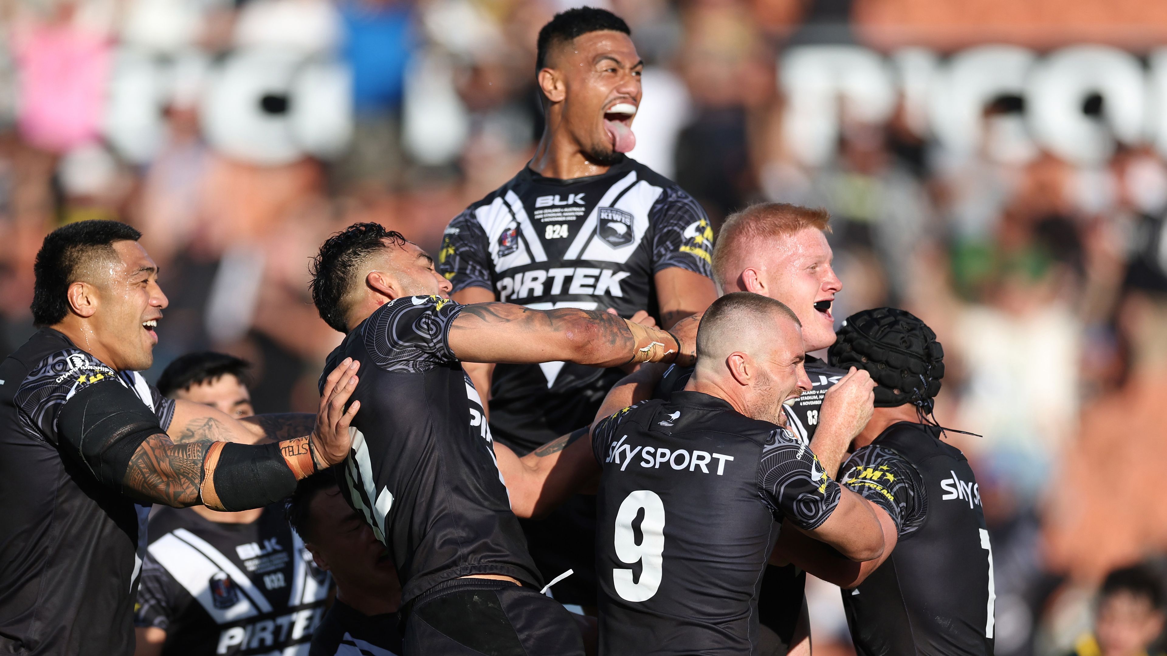 HAMILTON, NEW ZEALAND - NOVEMBER 04: The New Zealand Kiwis celebrate a try to Griffin Neame during the Men&#x27;s Pacific Championship Final match between Australia Kangaroos and New Zealand Kiwis at Waikato Stadium on November 04, 2023 in Hamilton, New Zealand. (Photo by Phil Walter/Getty Images)