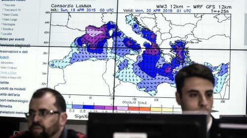 Personnel at work in the operations room of the Italian Coast Guard in Rome. (AAP)