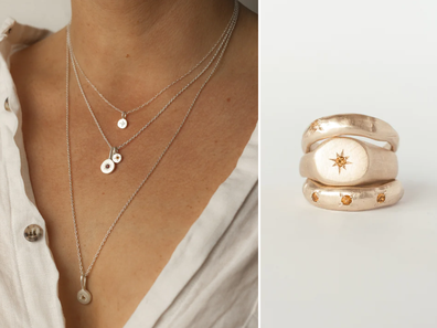 Celestial necklaces (left) start at $320, while a Round Birthstone Signet Ring in gold (right) goes for $920.
