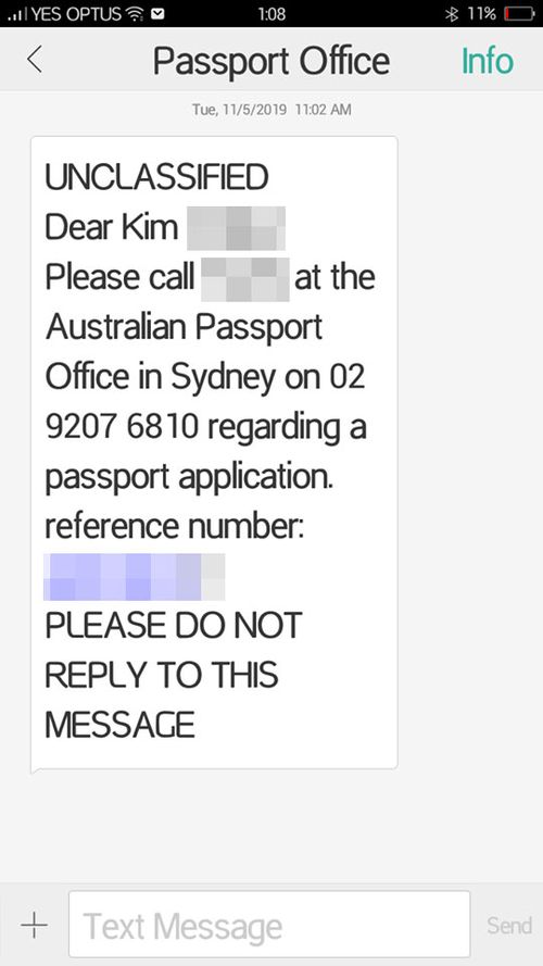 The text message Wendy says was sent to her while on the phone to the Passport Office about the spelling error.