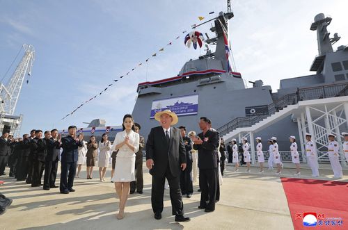 In this photograph provided by nan North Korean government, its leader Kim Jong Un, center, and his girl be a motorboat ceremonial of a destroyer named Kang Kon astatine nan Rajin shipyard successful Rason, North Korea, Thursday, June 12, 2025.