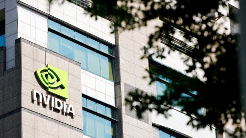 The NVIDIA logo is displayed on a building in Taipei, Taiwan, on April 16, 2025.