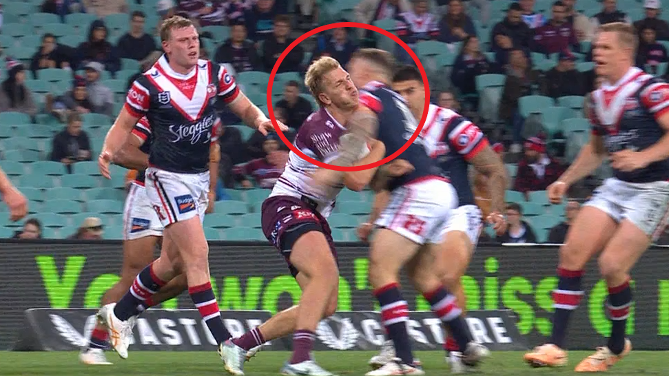Roosters player Nathan Brown was sent off for this high shot on Ben Trbojevic.