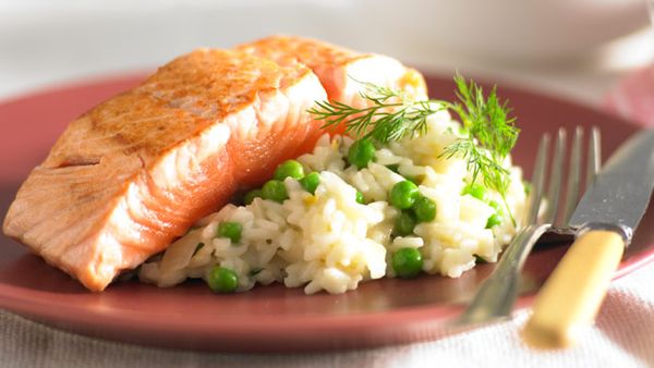 Pea and dill risotto with salmon