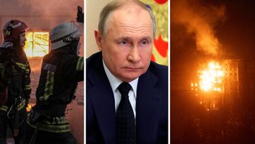 Vladimir Putin split showing bombing Ukraine.