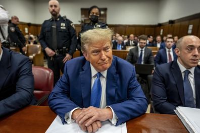 Former US President Donald Trump sits in Manhattan Criminal Court during his ongoing hush money trial, Monday, May 20, 2024, in New York.