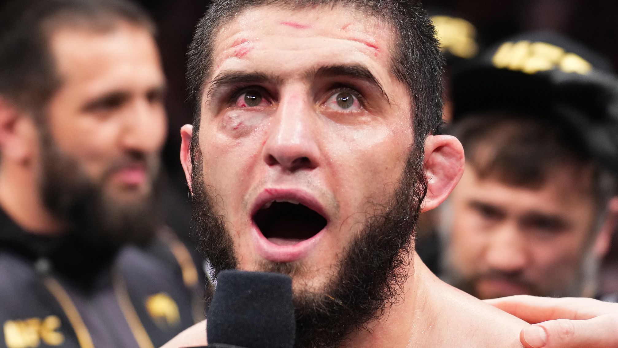 Islam Makhachev of Russia reacts after his victory over Alexander Volkanovski of Australia in Perth. (Photo by Chris Unger/Zuffa LLC)