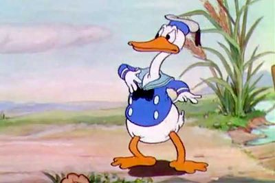 Donald first popped up in 1934's <i>The Wise Little Hen</i>. Though his pants-less sailor outfit and personality are more or less the Donald everyone knows (when the titular hen asks for help planting her corn, he fakes a stomach ache), his appearance is a little... off. It took a while for Donald's appearance to evolve, along with his infamously explosive temper.