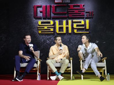 Hugh Jackman, Ryan Reynolds and Shawn Levy attend a press conference for "Deadpool & Wolverine" on July 04, 2024 in Seoul, South Korea. 