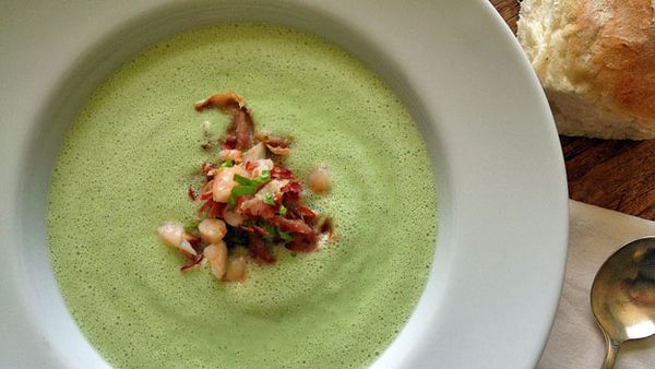 Chilled cucumber soup with prawn and prosciutto crumble