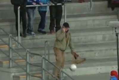 <b>A football fan in Denmark was left to rue his casual approach to dealing with a wayward shot while watching a match in the terraces. </b><br/><br/>Footage of the incident shows the man talking on the phone when he attempts an audacious back-heel only for the ball to ricochet off the stand and smash the drinks out of his hand.<br/><br/>Check out the Danish man's embarrassing moment and other fan fails.<br/>