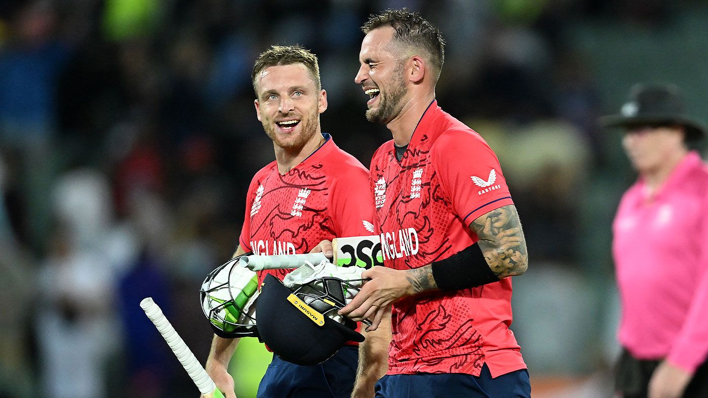Jos Buttler and Alex Hales walk off after a record partnership against India in the T20 World Cup semi-final