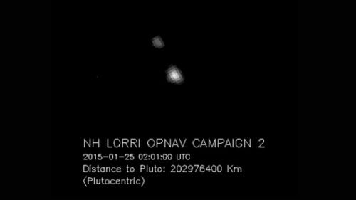 The image from the probe's LORRI camera showing Pluto and its largest moon Charon. (NASA)