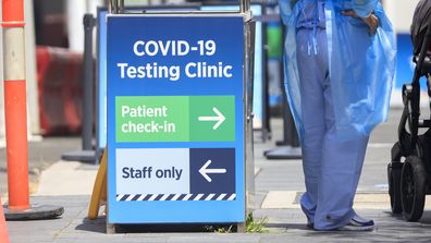 SYDNEY, AUSTRALIA - JANUARY 21: A COVID-19 testing clinic sign at Royal Prince Alfred Hospital on January 21, 2022 in Sydney, Australia. NSW has recorded 46 deaths from COVID-19 in the last 24 hours, marking the deadliest day in the state since the start of the pandemic. NSW also recorded 25,168 new coronavirus infections in the last 24 hour reporting period. (Photo by Jenny Evans/Getty Images)