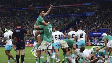 Ireland celebrate as they defeat South Africa during the Rugby World Cup at Stade de France.