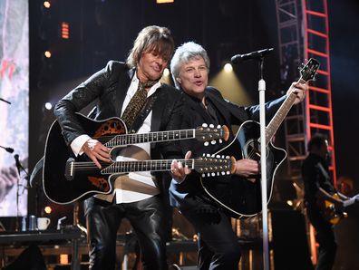 Richie Sambora and Jon Bon Jovi perform during the 33rd Annual Rock & Roll Hall of Fame Induction Ceremony at Public Auditorium on April 14, 2018 in Cleveland, Ohio.