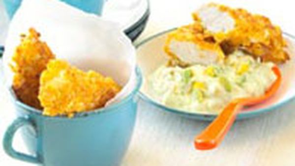 Crunchy chicken sticks with avocado and sweet corn dip