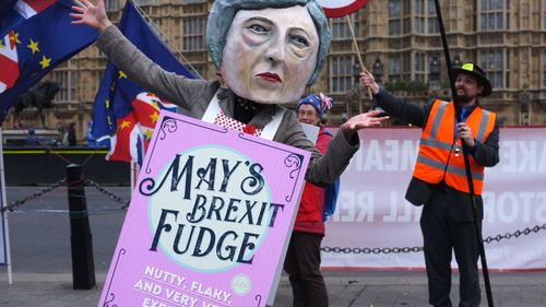 Protesters continue to gather outside the British Houses of Parliament over Brexit.