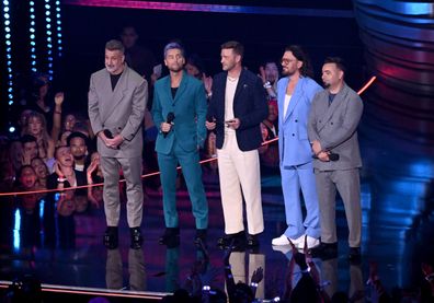 Joey Fatone, Lance Bass, Justin Timberlake, JC Chasez and Chris Kirkpatrick of NSYNC at the VMAs in 2023. 