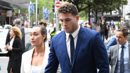 Canterbury Bankstown Bulldogs player Adam Elliott leaves after a first mention at Downing Centre Local Court in Sydney, Wednesday, October 24, 2018.