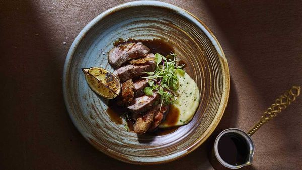 1821's lamb souvla style with crackling, potato puree