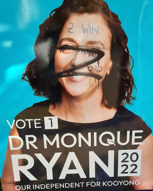 Independent candidate for Kooyong Monique Ryan has had her signs defaced, as has her opponent Treasurer Josh Frydenberg.