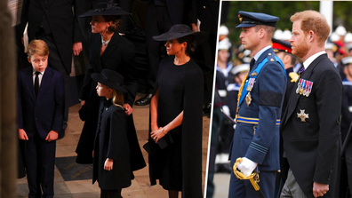 Prince William, Catherine, Princess of Wales, Prince Harry and Meghan at the Queen&#x27;s funeral.