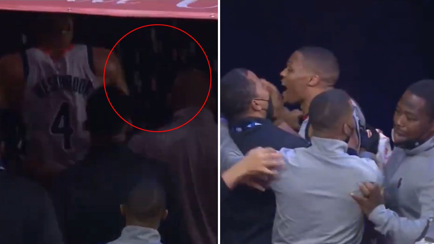 NBA star Russell Westbrook fumes after unruly fan pours popcorn on him after injury