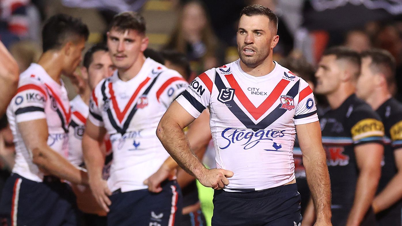 James Tedesco of the Roosters reacts after a Panthers try during the round 11 NRL match between the Penrith Panthers and Sydney Roosters at BlueBet Stadium on May 12, 2023 in Penrith, Australia. (Photo by Mark Kolbe/Getty Images)