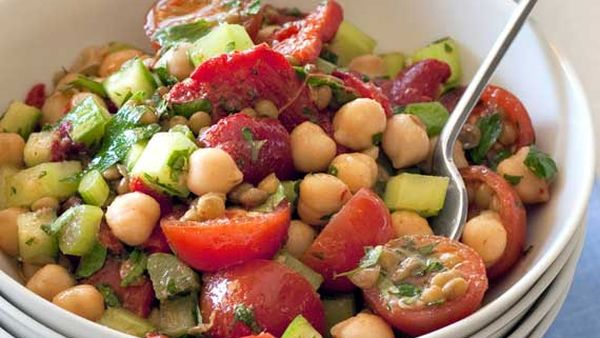 Weight watchers' lentil and chickpea chermoula salad
