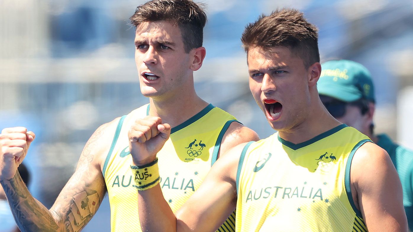 Jacob Thomas Whetton and Tim Brand of Team Australia celebrate the second penalty goal during the Men&#x27;s Quarterfinal match between Australia and Netherlands on day nine of the Tokyo 2020 Olympic Games at Oi Hockey Stadium on August 01, 2021 in Tokyo, Japan. (Photo by Alexander Hassenstein/Getty Images)