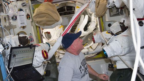 andout image from NASA T.V. released 23 May 2011, onboard the International Space Station several hours prior to the STS-134 mission's second spacewalk.