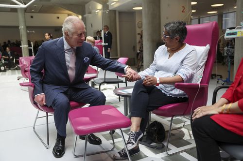 King Charles III meets patients during a visit to the University College Hospital Macmillan Cancer Centre in London, Tuesday April 30, 2024. 